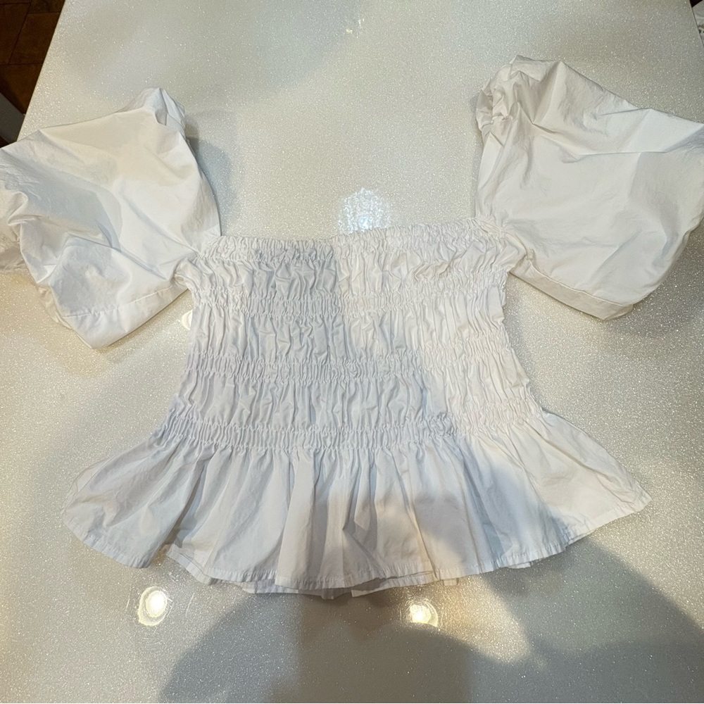 ASTR The Label Large Top White Ruching Stretch Puff Short Sleeve 100% Cotton